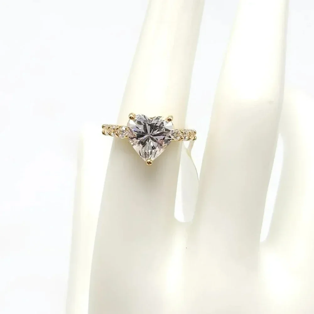 Clear Rhinestone Heart Shaped Gold Vermeil Over Sterling Silver Ring Size 7 - Picture 1 of 6